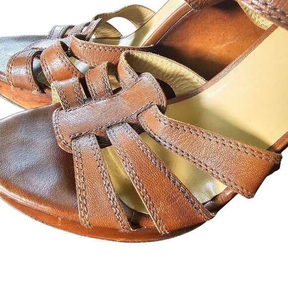 Brown Leather Wedge Sandals Adjustable Strap Peep-Toe Design For Women Sz 9.5 - Picture 4 of 11